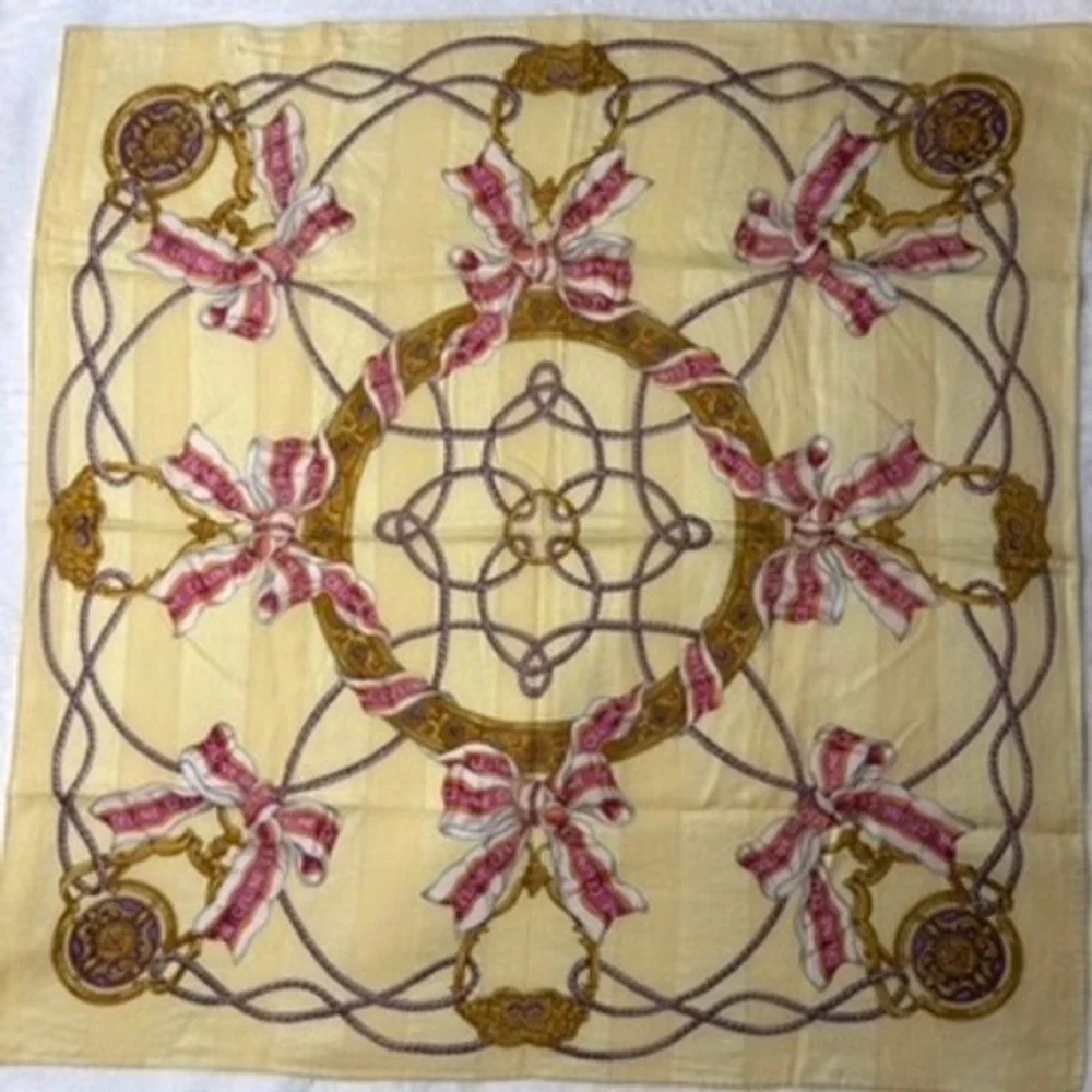 Vtg CELINE Scarf Handkerchief Bow Rope Tassel Yellow Pink 19